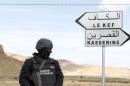 A Tunisian police stands with a weapon near a mountain in Kasserine