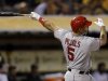 Los Angeles Angels' Albert Pujols (5) hits a solo home run against the Oakland Athletics during the seventh inning of a baseball game on Monday, April 29, 2013 in Oakland. Calif. (AP Photo/Marcio Jose Sanchez)