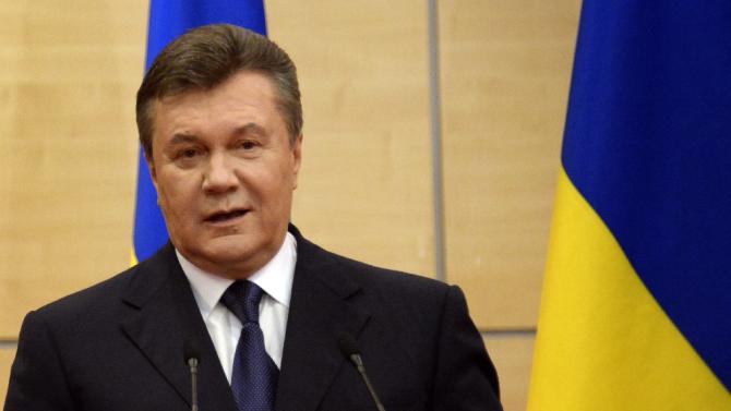 A picture taken on March 11, 2014, shows deposed Ukrainian president Viktor Yanukovych speaking to journalists in southern Russian city of Rostov-on-Don