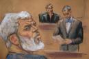 Courtroom deputy Pecorino reads the verdict alongside Judge Forrest and al-Masri, the radical Islamist cleric facing U.S. terrorism charges, in this artist's sketch in New York