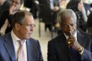 Kofi Annan, right, Joint Special Envoy of the United Nations and the Arab League for Syria, speaks with Russian Foreign Minister Sergey Lavrov, before a dinner hosted by Swiss authorities after a meeting of the Action Group for Syria at the European headquarters of the United Nations, in Geneva, Switzerland, Saturday, June 30, 2012. (AP Photo/Laurent Gillieron, Pool)