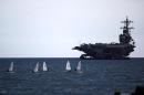 The aircraft carrier USS George H W Bush is pictured moored outside Piraeus port southwest from Athens, on March 5, 2014