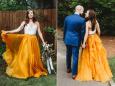 A bride tried on 12 dresses before finding a one-of-a-kind gown with a yellow skirt